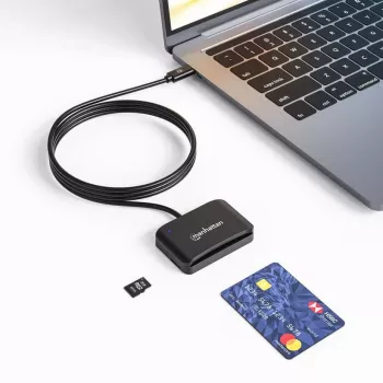 Manhattan USB-C Kontakt-Chipkartenleser mit MicroSD-Steckplatz, USB Typ-C Stecker auf Kontaktleser-Schnittstelle und microSDXC, unterstützt Windows, macOS und Linux, liest SIM-Karten mit Adapter, Kabel 1 m, Schwarz, drei Jahre Garantie