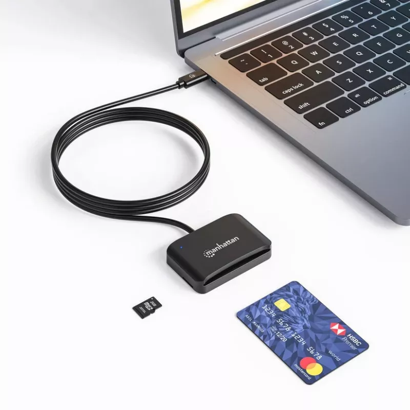 Manhattan USB-C Kontakt-Chipkartenleser mit MicroSD-Steckplatz, USB Typ-C Stecker auf Kontaktleser-Schnittstelle und microSDXC, unterstützt Windows, macOS und Linux, liest SIM-Karten mit Adapter, Kabel 1 m, Schwarz, drei Jahre Garantie