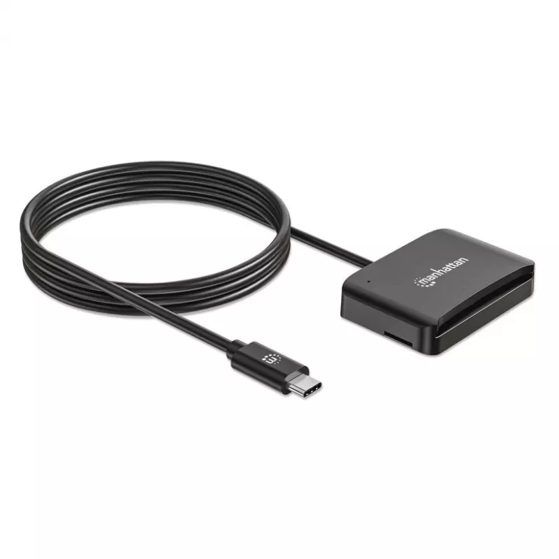 Manhattan USB-C Kontakt-Chipkartenleser mit MicroSD-Steckplatz, USB Typ-C Stecker auf Kontaktleser-Schnittstelle und microSDXC, unterstützt Windows, macOS und Linux, liest SIM-Karten mit Adapter, Kabel 1 m, Schwarz, drei Jahre Garantie