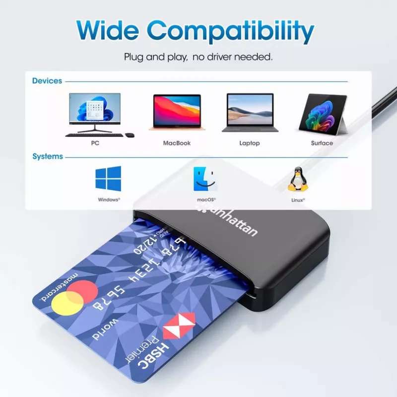 Manhattan USB-C Kontakt-Chipkartenleser mit MicroSD-Steckplatz, USB Typ-C Stecker auf Kontaktleser-Schnittstelle und microSDXC, unterstützt Windows, macOS und Linux, liest SIM-Karten mit Adapter, Kabel 1 m, Schwarz, drei Jahre Garantie