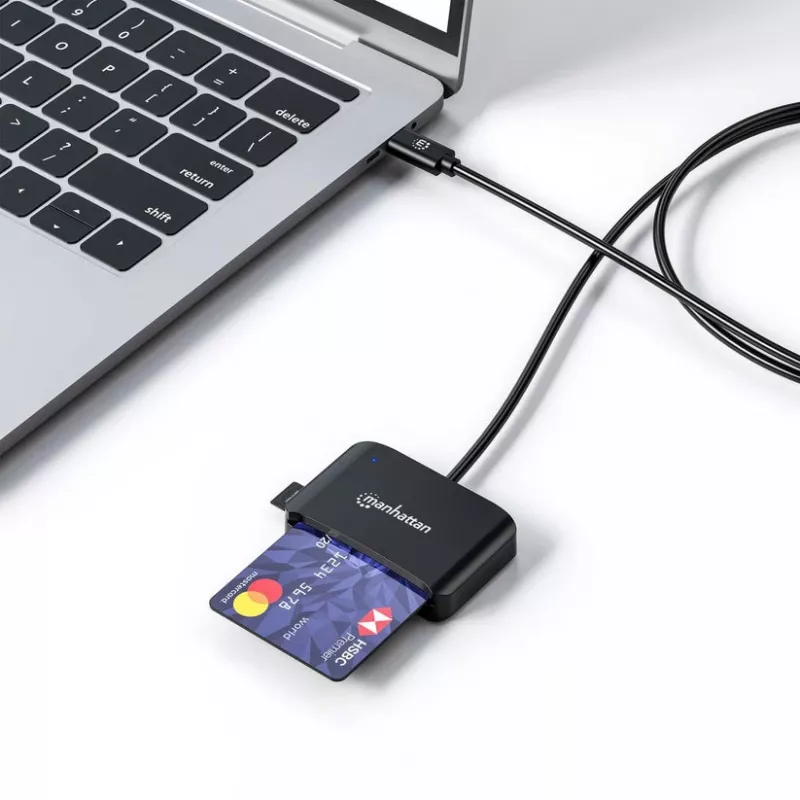 Manhattan USB-C Kontakt-Chipkartenleser mit MicroSD-Steckplatz, USB Typ-C Stecker auf Kontaktleser-Schnittstelle und microSDXC, unterstützt Windows, macOS und Linux, liest SIM-Karten mit Adapter, Kabel 1 m, Schwarz, drei Jahre Garantie