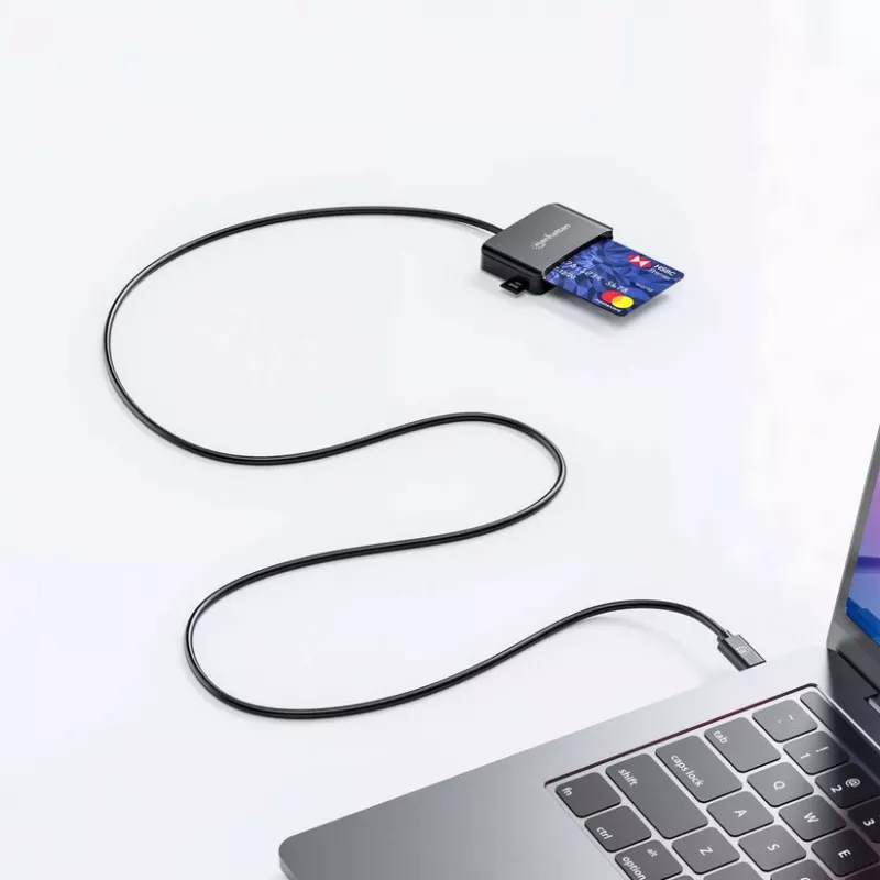 Manhattan USB-C Kontakt-Chipkartenleser mit MicroSD-Steckplatz, USB Typ-C Stecker auf Kontaktleser-Schnittstelle und microSDXC, unterstützt Windows, macOS und Linux, liest SIM-Karten mit Adapter, Kabel 1 m, Schwarz, drei Jahre Garantie