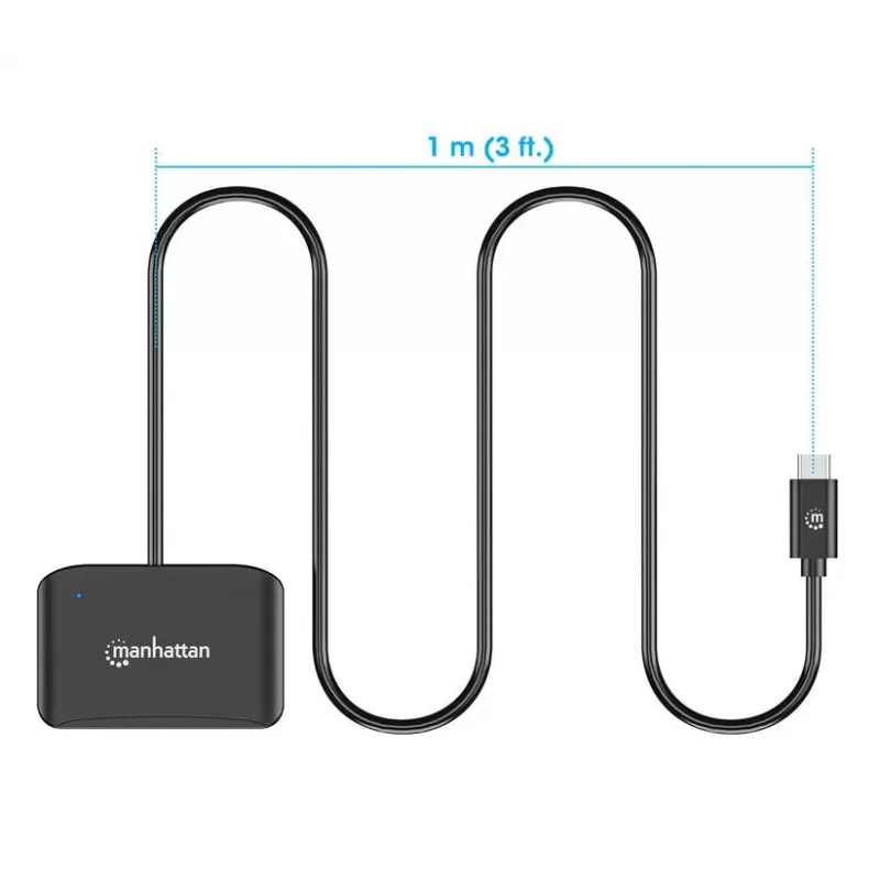 Manhattan USB-C Kontakt-Chipkartenleser mit MicroSD-Steckplatz, USB Typ-C Stecker auf Kontaktleser-Schnittstelle und microSDXC, unterstützt Windows, macOS und Linux, liest SIM-Karten mit Adapter, Kabel 1 m, Schwarz, drei Jahre Garantie