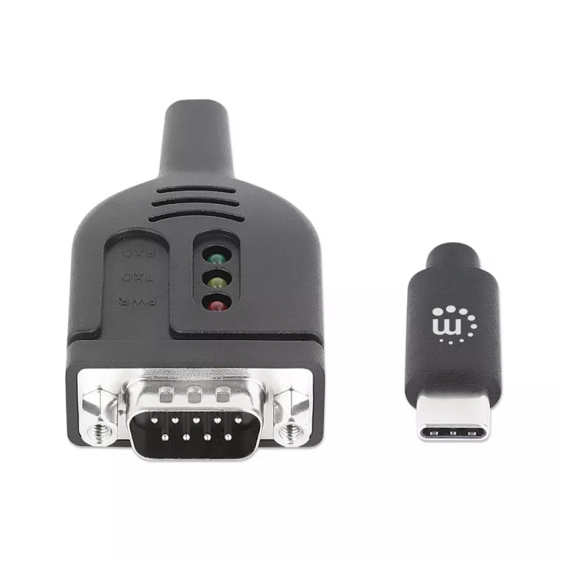 Manhattan USB-C auf Seriell Konverterkabel, 1m, Stecker auf Stecker, Seriell/RS232/COM/DB9, Prolific PL2303GT Chip, Schwarzes Kabel, Drei Jahre Garantie