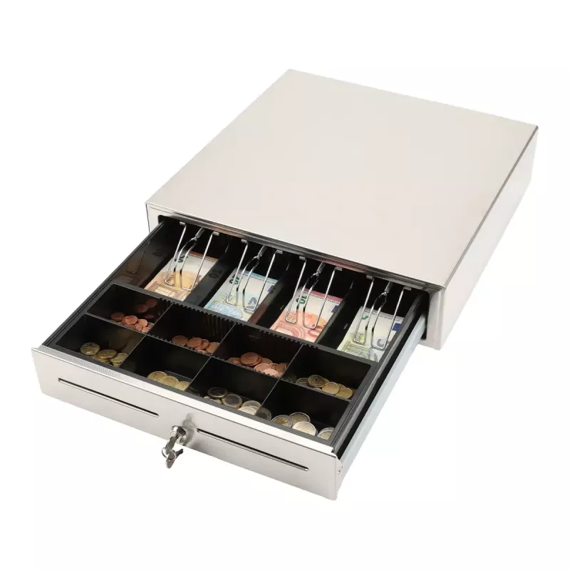 Manuelle Geldlade Olympia LD 410S, Edelstahlgehäuse, 415 × 410 × 104 mm, 6,5 kg
