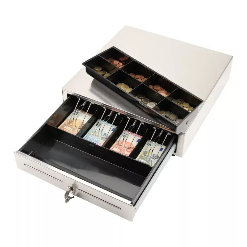 Manuelle Geldlade Olympia LD 410S, Edelstahlgehäuse, 415 × 410 × 104 mm, 6,5 kg