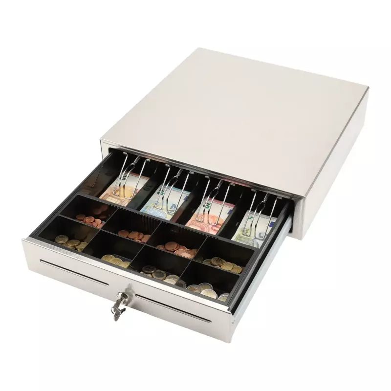 Manuelle Geldlade Olympia LD 410S, Edelstahlgehäuse, 415 × 410 × 104 mm, 6,5 kg