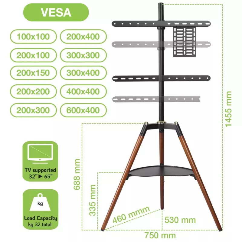 Techly ICA-TR58 TV-Ständer/Standfuß 165,1 cm (65 Zoll) Schwarz, Holz