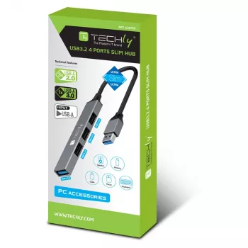 Techly IUSB32-HUB4A-3U2SLS Laptop-Dock/Port-Replikator Kabelgebunden USB 3.2 Gen 1 (3.1 Gen 1) Typ-A Grau