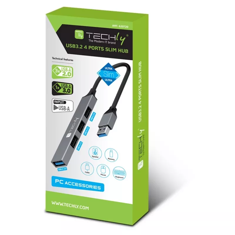 Techly IUSB32-HUB4A-3U2SLS Laptop-Dock/Port-Replikator Kabelgebunden USB 3.2 Gen 1 (3.1 Gen 1) Typ-A Grau