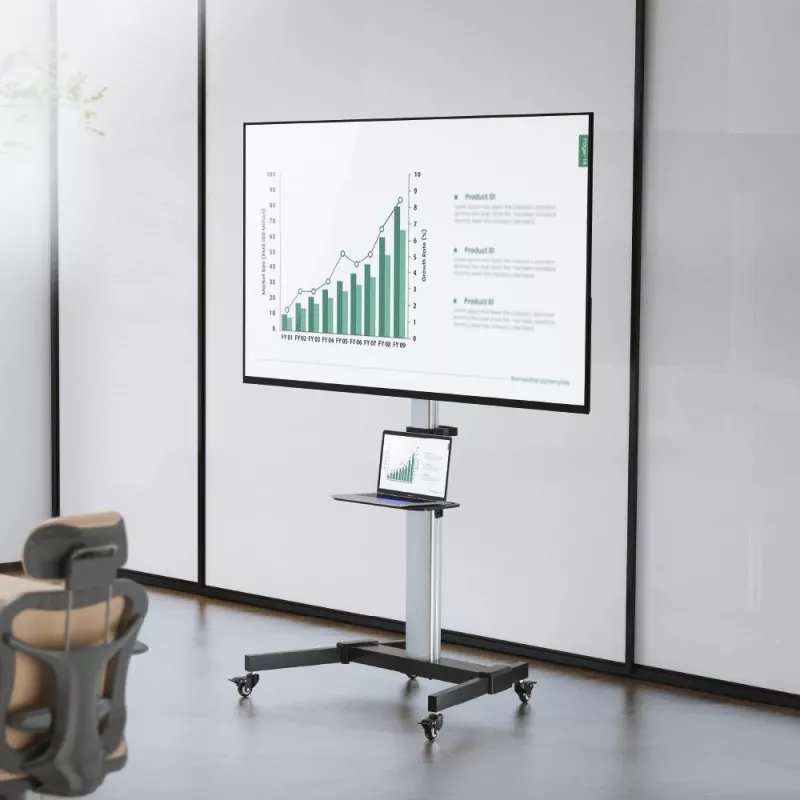 Techly Bodenständer mit Ablagewagen TV LCD/LED 37-86 Zoll, 200 x 200 mm, 600 x 400 mm, -10 - 5°, 180°, Aluminium, Kunststoff, Stahl, Schwarz, Grau