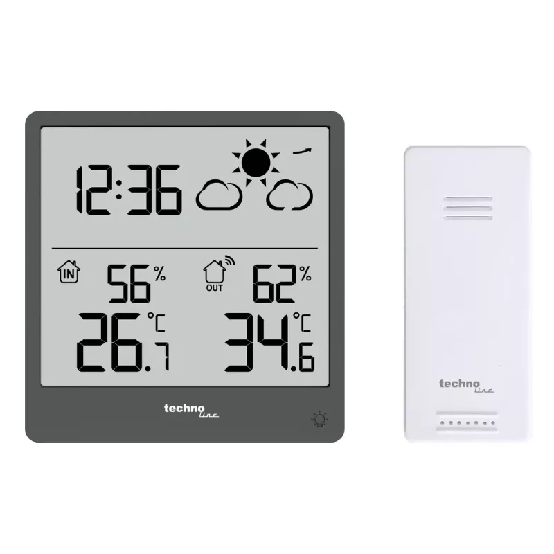 Digitale Wetterstation TechnoLine WS 9138 — Innen-/Außenthermometer & Hygrometer, grau, Batterien AAA