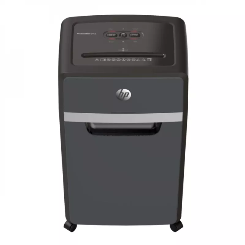 Aktenvernichter HP Pro Shredder 24CC — Partikelschnitt, Kapazität 24 Blatt, 4 x 35 mm, 30-Liter-Auffangbehälter, 680 W, 220 mm Einzug, Schwarz