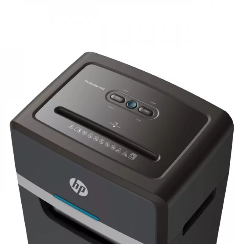 Aktenvernichter HP Pro Shredder 24CC — Partikelschnitt, Kapazität 24 Blatt, 4 x 35 mm, 30-Liter-Auffangbehälter, 680 W, 220 mm Einzug, Schwarz