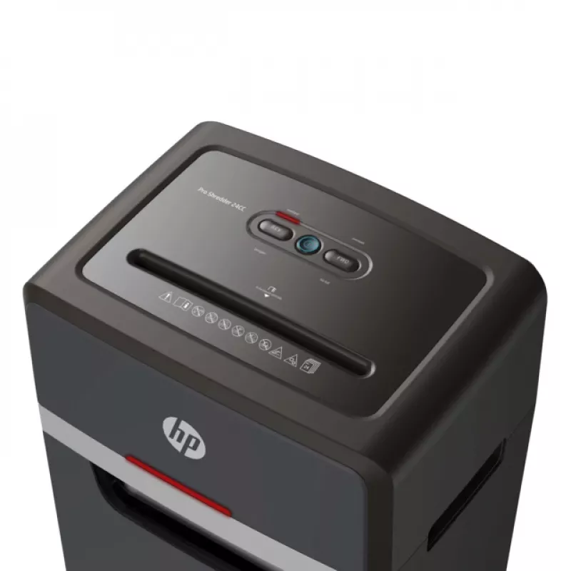 Aktenvernichter HP Pro Shredder 24CC — Partikelschnitt, Kapazität 24 Blatt, 4 x 35 mm, 30-Liter-Auffangbehälter, 680 W, 220 mm Einzug, Schwarz