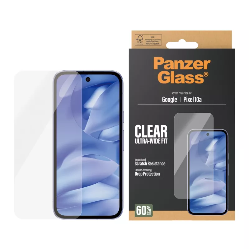 PanzerGlass Displayschutz für Google Pixel 10a 5G — Ultra-Wide Fit, PET, kratz- und stoßfest, transparent