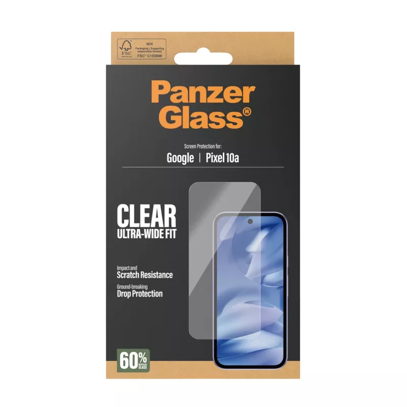 PanzerGlass Displayschutz für Google Pixel 10a 5G — Ultra-Wide Fit, PET, kratz- und stoßfest, transparent