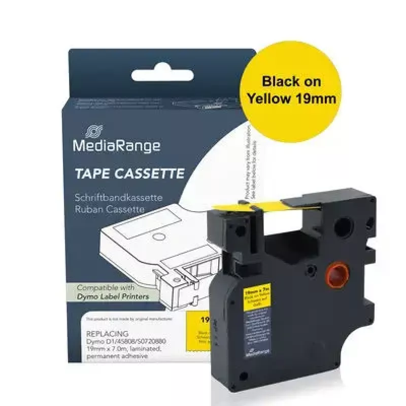 Beschriftungsband MediaRange MRDY45808 Schwarz auf gelb D1 — 19 mm x 7 m, permanenter Acrylkleber