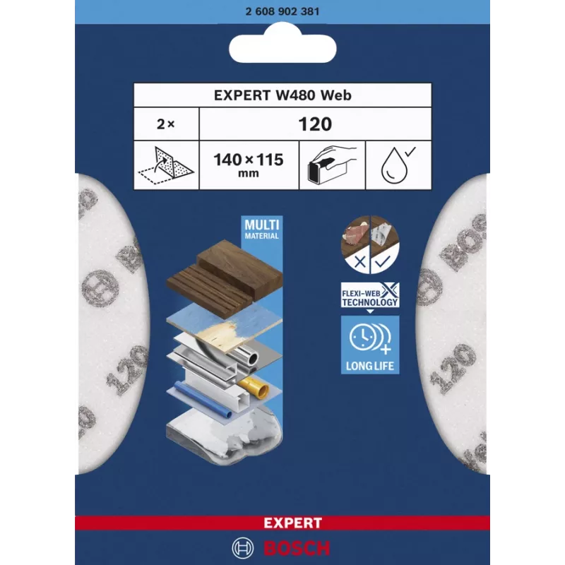 Schleifblatt Bosch W480, Feinkorn P320, 115×140 mm, 2 Stück