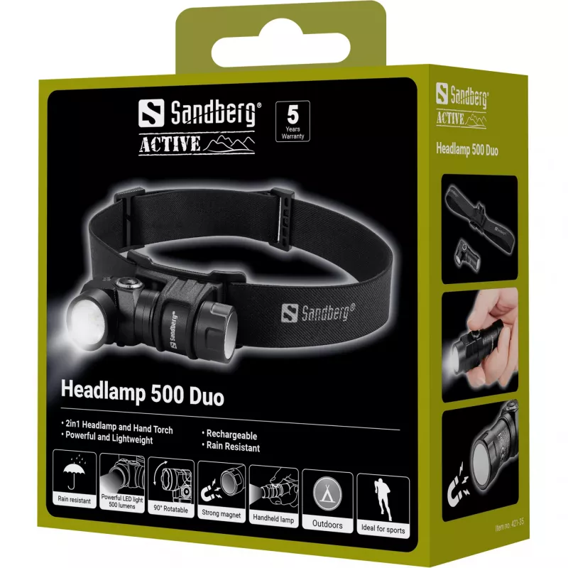 Sandberg Headlamp 500 Duo, Stirnlampen-Taschenlampe, Schwarz, Aluminium, IP44, LED, 25 lm