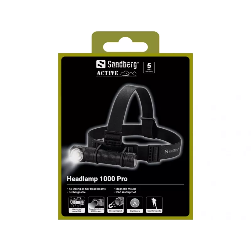 Sandberg Stirnlampe 1000 Pro, Stirnband-Taschenlampe, Schwarz, Aluminium, IP66, LED, 25 lm