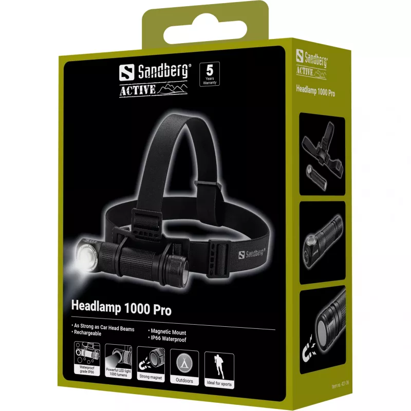 Sandberg Stirnlampe 1000 Pro, Stirnband-Taschenlampe, Schwarz, Aluminium, IP66, LED, 25 lm