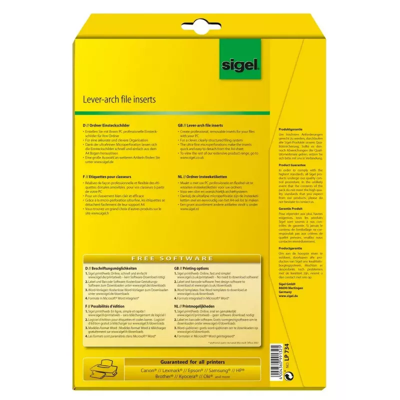 Haftfreies Einlegeblatt Sigel LP734 Weiß Rechteckig