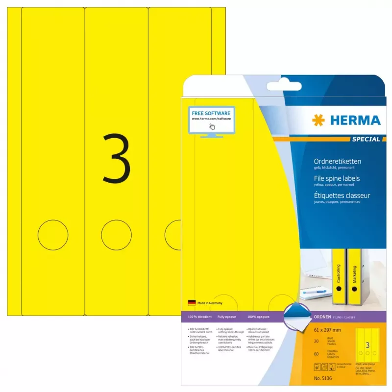 File labels HERMA A4 61x297 mm Gelb paper matt opaque 60 pcs