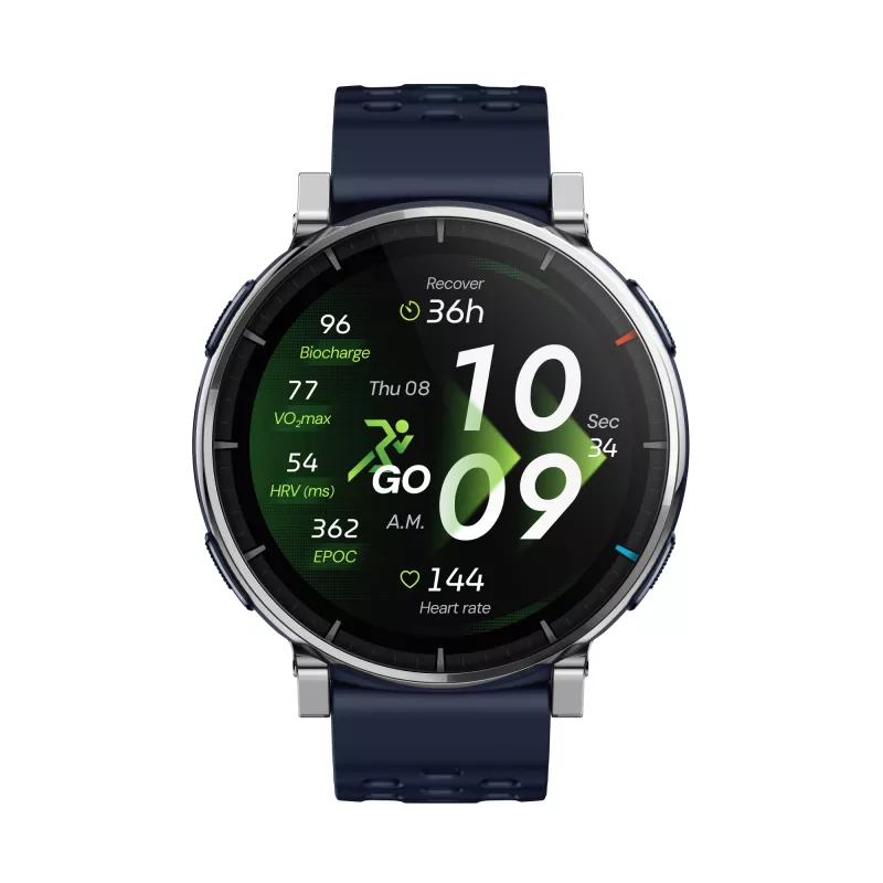 Smartwatch Amazfit W2558GL2N — 1,32 Zoll (3,35 cm) AMOLED 466×466 px, GPS, 365 mAh, Silikonarmband (blau)