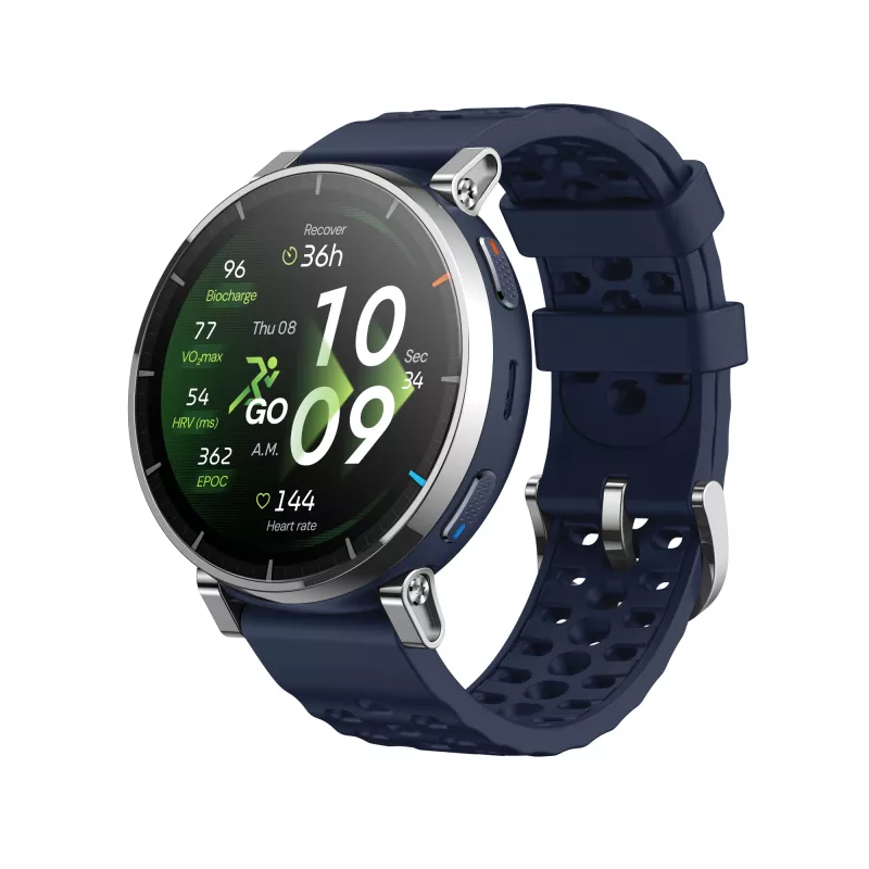 Smartwatch Amazfit W2558GL2N — 1,32 Zoll (3,35 cm) AMOLED 466×466 px, GPS, 365 mAh, Silikonarmband (blau)