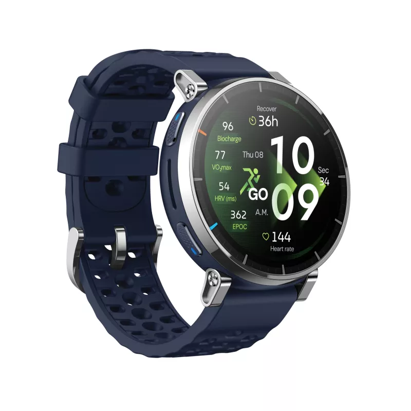 Smartwatch Amazfit W2558GL2N — 1,32 Zoll (3,35 cm) AMOLED 466×466 px, GPS, 365 mAh, Silikonarmband (blau)
