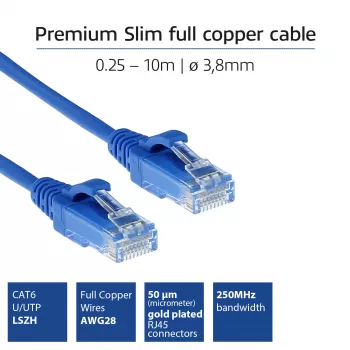 ACT Blau 0,5 Meter LSZH U/UTP CAT6 DataCenter Slimline Patchkabel, rastnasenlos mit RJ45-Steckern