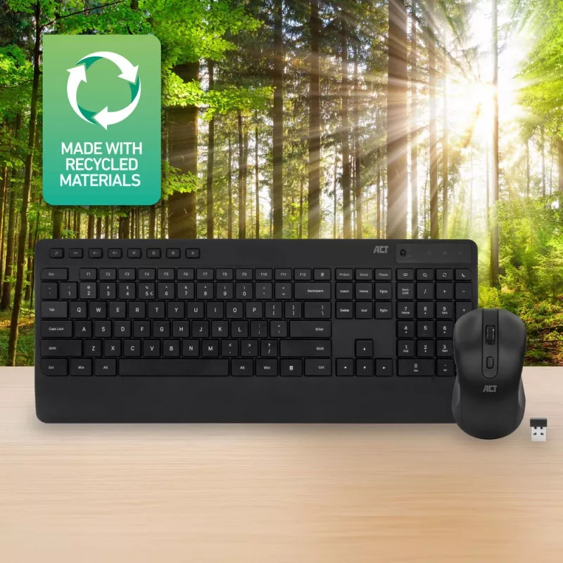 ACT kabelloses Tastatur-Maus-Set (Qwerty), leiser Klick, umweltfreundlich, aus recycelten Materialien