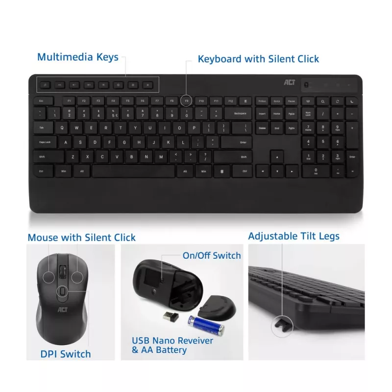 ACT kabelloses Tastatur-Maus-Set (Qwerty), leiser Klick, umweltfreundlich, aus recycelten Materialien