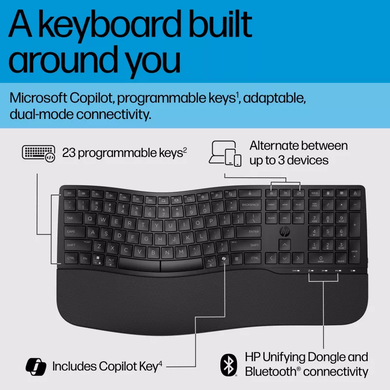 HP 680 Comfort Dual-Mode-Tastatur, Volle Größe (100%), Kabellos, RF Wireless + Bluetooth, QWERTY, Schwarz