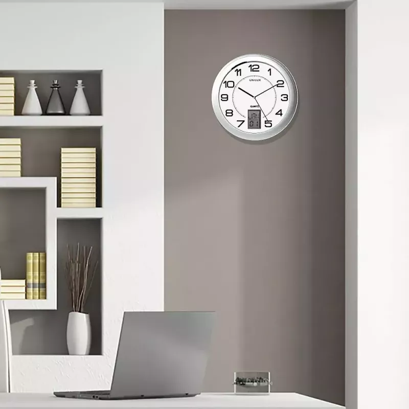 Wand-/Tischuhr Unilux 100340853 — Quarz, rund metallisch silber, Ø 31 cm, Batterie AA/AAA