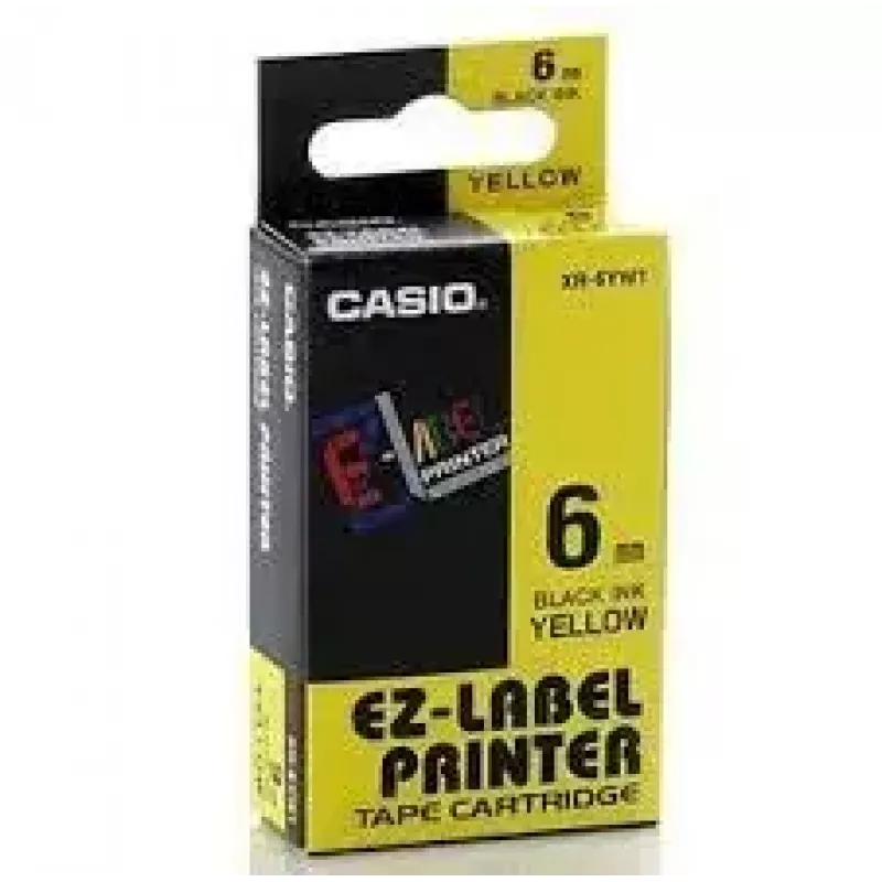 Etikettenband CASIO XR-6YW1 — 6 mm x 8 m, schwarzer Text auf gelbem Grund, schwarze Kassette