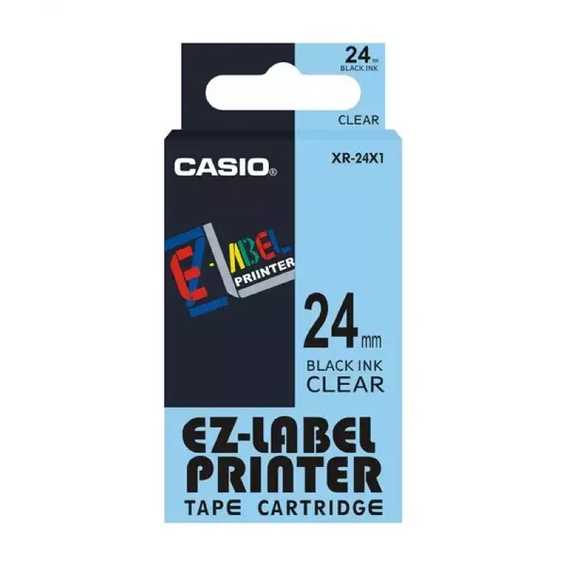 Etikettenband CASIO XR-24X1 — schwarz auf transparent, 24 mm × 8 m