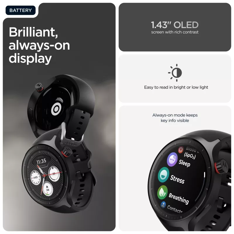 Motorola Moto Watch 3,63 cm (1,43 Zoll) OLED 47 mm Digitaler Touchscreen Schwarz GPS (Satellit)