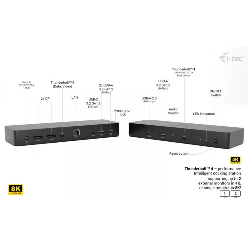 i-tec Thunderbolt 4 Intelligent Dual Display Docking Station + Power Delivery 90 W