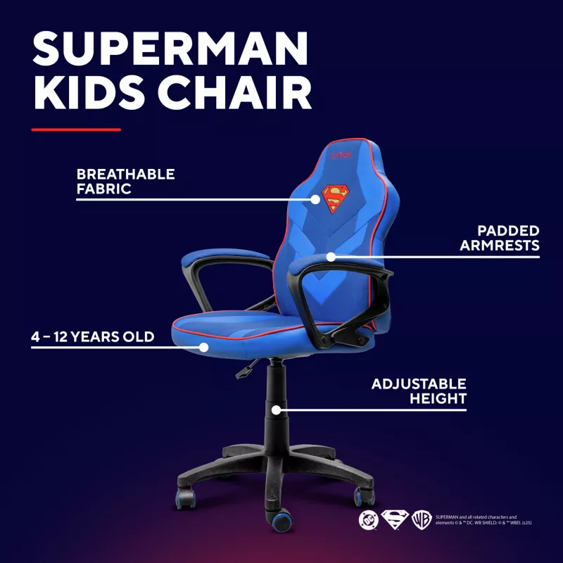 Gaming-Stuhl TRUST GXT 703SM REVVO Kids Superman Blau – Kinder-Gaming-Stuhl, ergonomisches Design, verstellbare Funktionen