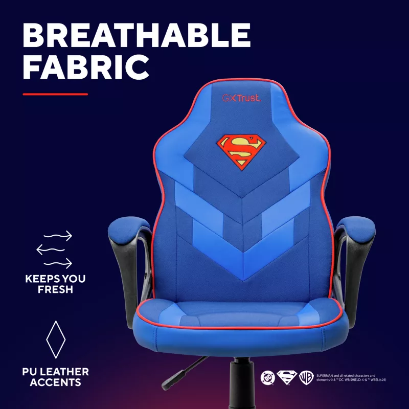 Gaming-Stuhl TRUST GXT 703SM REVVO Kids Superman Blau – Kinder-Gaming-Stuhl, ergonomisches Design, verstellbare Funktionen