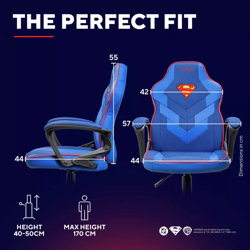 Gaming-Stuhl TRUST GXT 703SM REVVO Kids Superman Blau – Kinder-Gaming-Stuhl, ergonomisches Design, verstellbare Funktionen