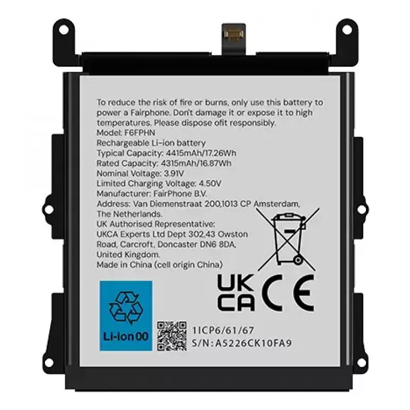 Batterie Fairphone F6BATT-1ZW-WW1 Schwarz 68,2 mm x 6,35 mm