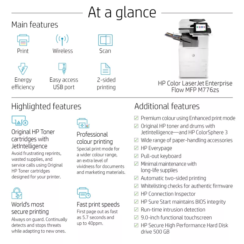 HP Color LaserJet Enterprise Flow MFP M776zs, Laser, Farbdruck, 1200 x 1200 DPI, A3, Direktdruck, Schwarz, Weiß