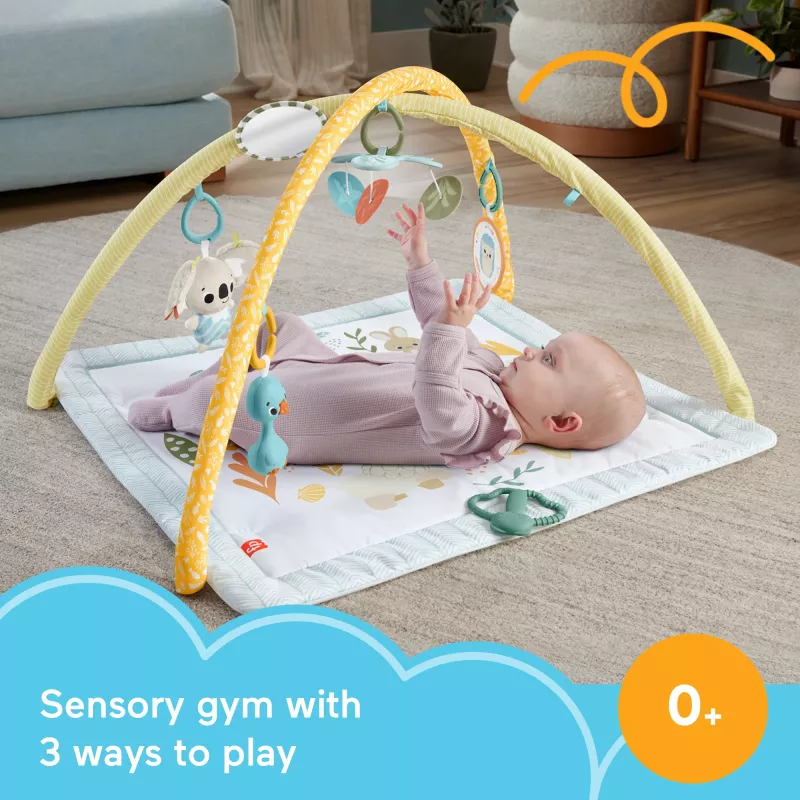 Fisher-Price Sensimals Simply Senses Neugeborenen-Spieldecke Baby-Aktivitätsmatte mit 6 sensorischen Spielzeugen