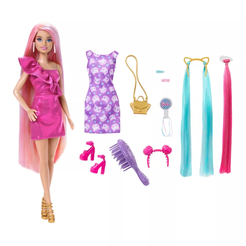 Barbie Fun & Fancy Hair Puppe mit extralangem buntem blondem Haar und Stylingzubehör
