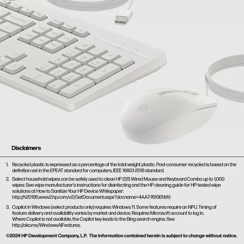 HP 225 Kabelgebundene Maus- und Tastaturkombination, Full-Size (100 %), Kabelgebunden, USB, Weiß, Maus enthalten
