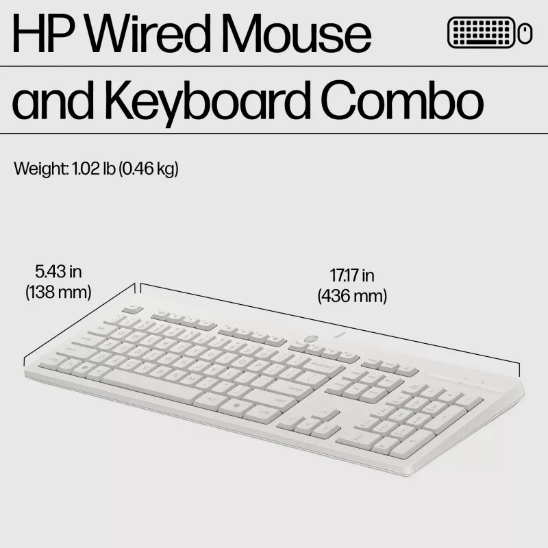 HP 225 Kabelgebundene Maus- und Tastaturkombination, Full-Size (100 %), Kabelgebunden, USB, Weiß, Maus enthalten