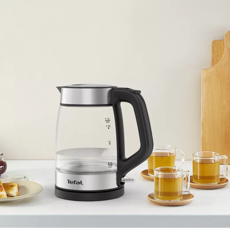 Tefal Glas-Wasserkocher KI605830 elektrischer Wasserkocher 1,7 L 2200 W Schwarz, Silber, Transparent